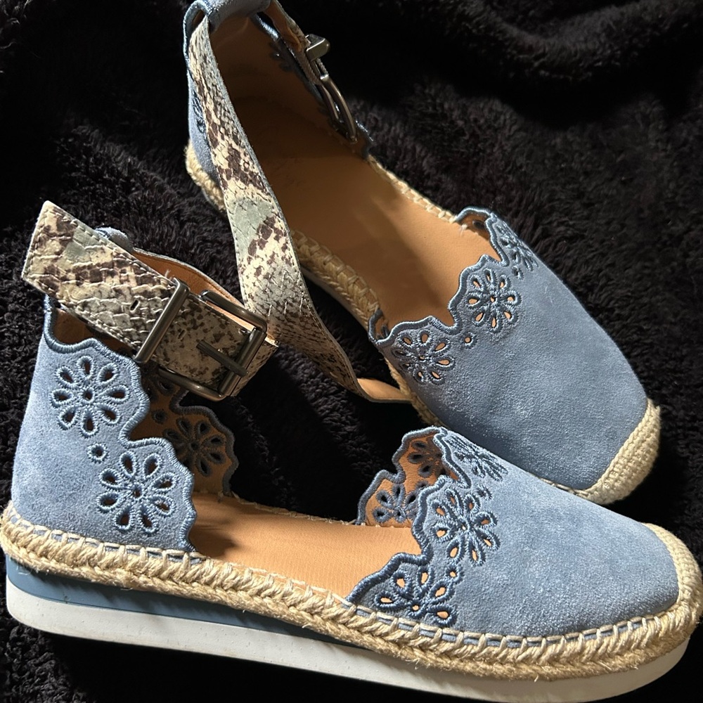 Crown Vintage Blue and Cream Espadrilles with Floral Cutouts